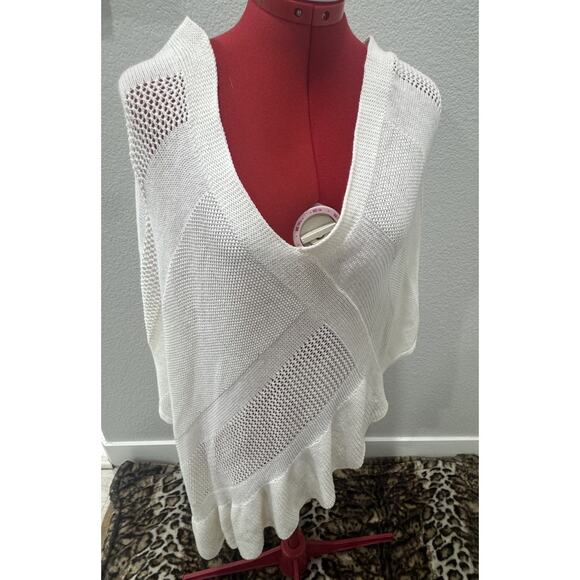 anthropologie  Ivory Knit Poncho Top Oversized V Neck Ruffle Hem Summer Layering - Picture 2 of 7